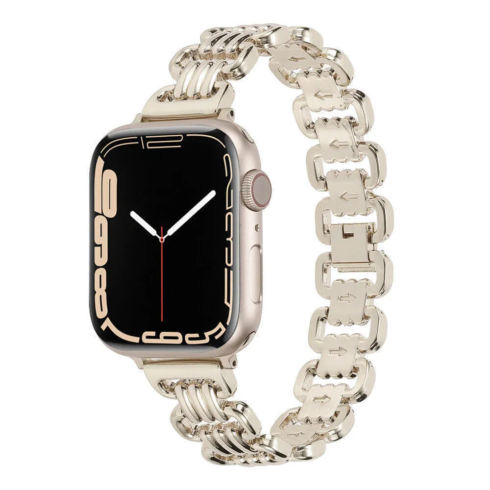 Alloy metal Apple Watch replacement bracelet in silver, black, gold, rose gold and Starlight colours.