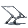 Grey aluminium laptop stand with adjustable angle and folding portable design