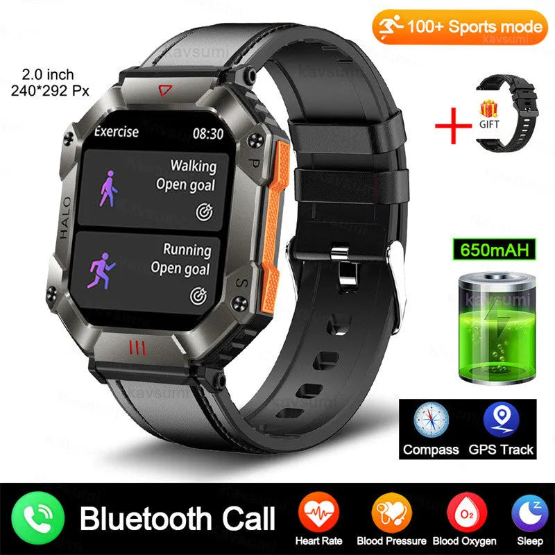 Android smart watch with titanium case on wrist, showing black camouflage strap option and display.