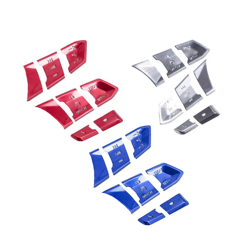 Aluminium alloy decorative stickers for car steering wheel buttons in transparent, red, silver, and blue finishes