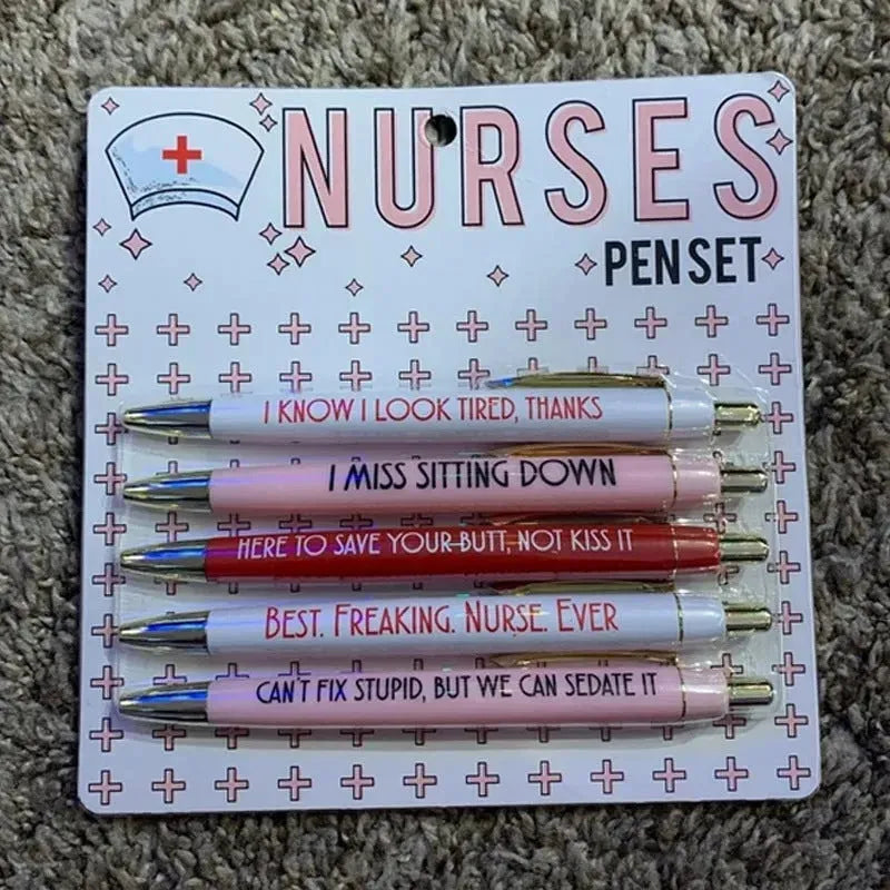Five nurse-themed ballpoint pens with humorous medical copywriting in plastic retractable design