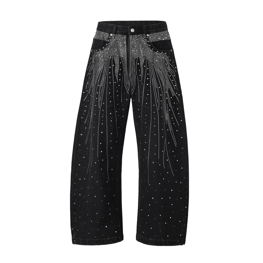 Blue loose-fitting wide-leg cotton trousers on a hanger, showing the relaxed silhouette.
