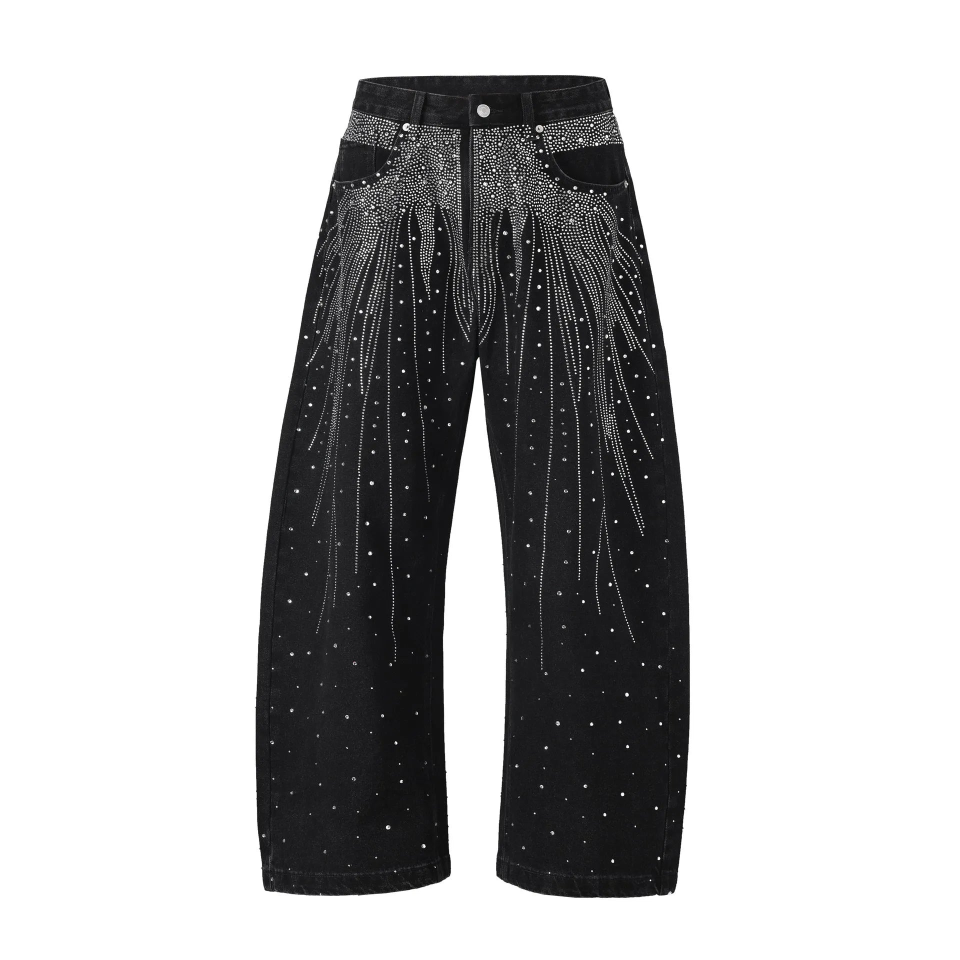 Blue loose-fitting wide-leg cotton trousers on a hanger, showing the relaxed silhouette.