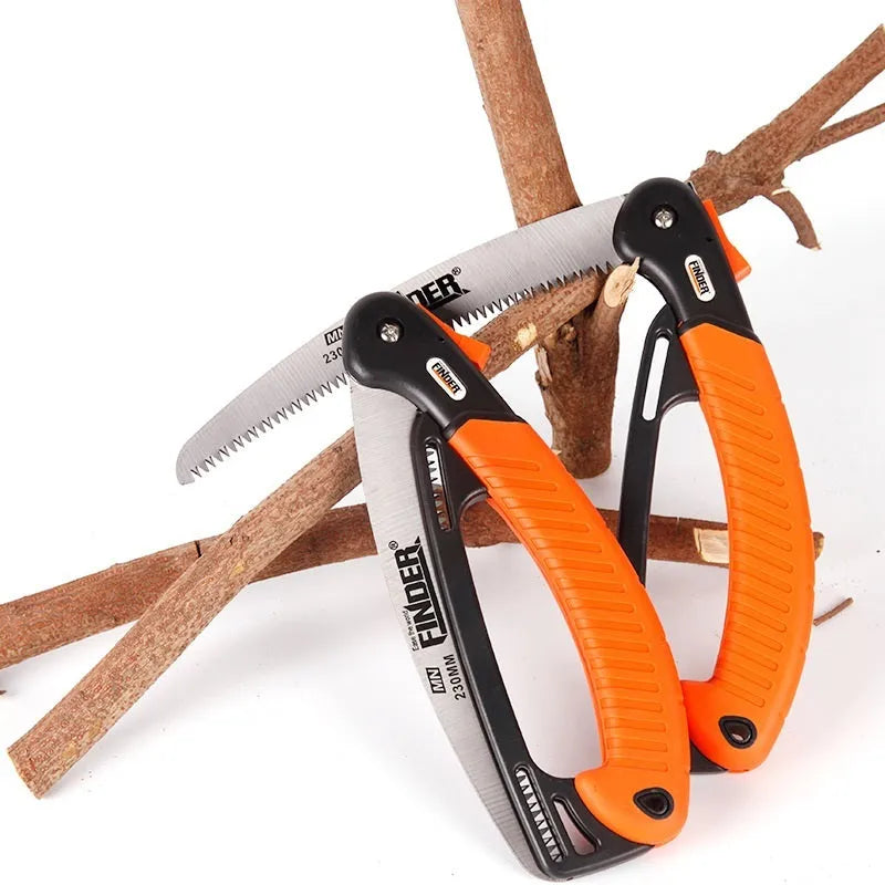 Folding garden saw with 230mm blade shown both open for use and closed for carrying