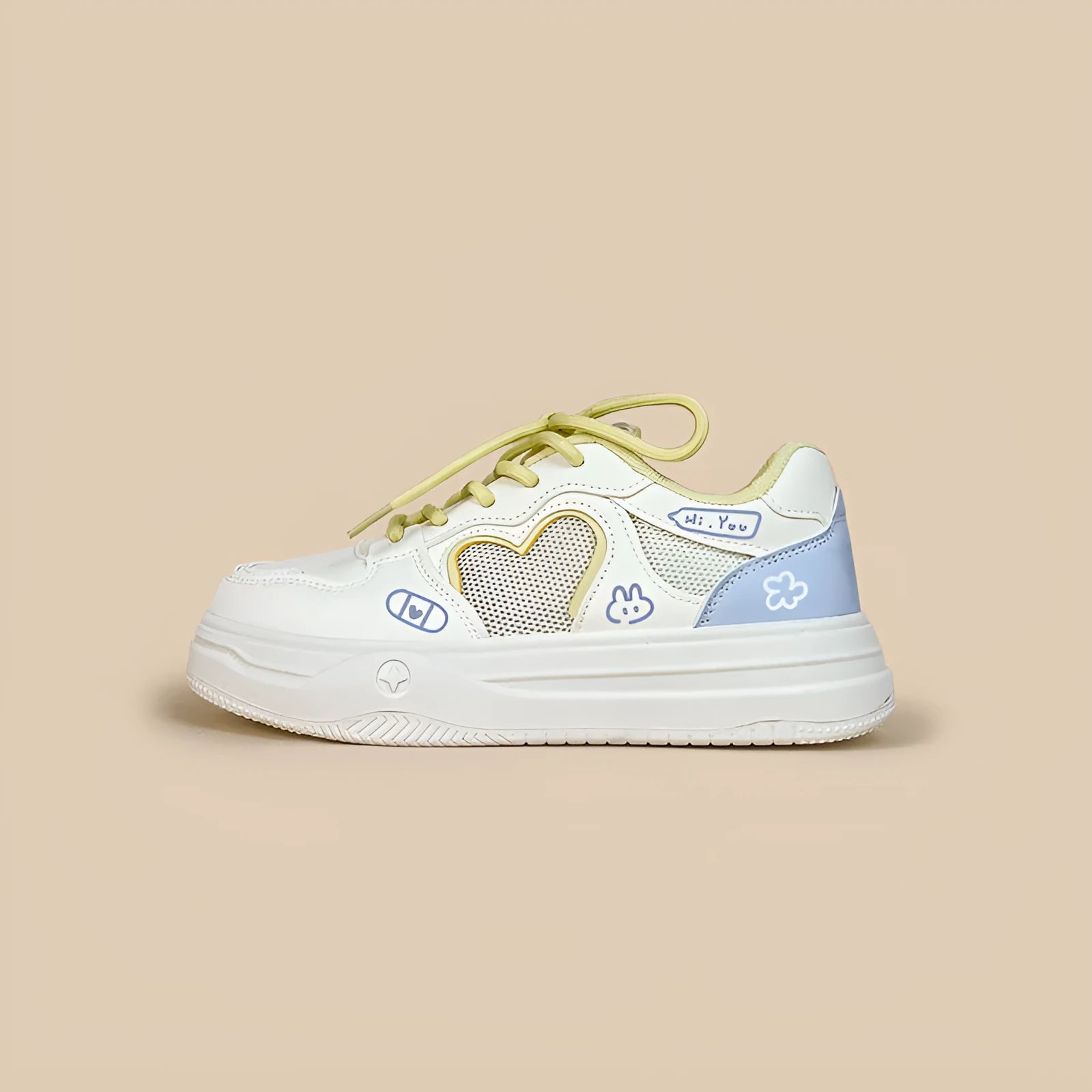 Korean style summer mesh sneakers in Meow Rabbit Sea Salt Cheese colour with cross-strap detailing