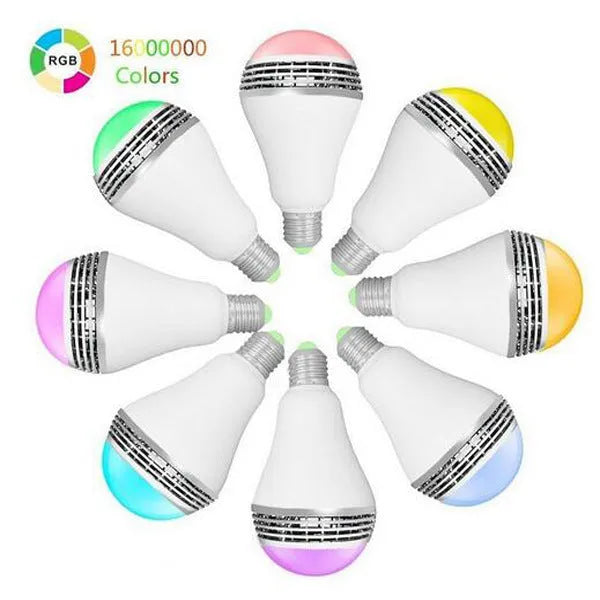 E27 LED smart bulb with Bluetooth speaker, showing multi-colour RGB lighting and dimensions of 100mm by 150mm.