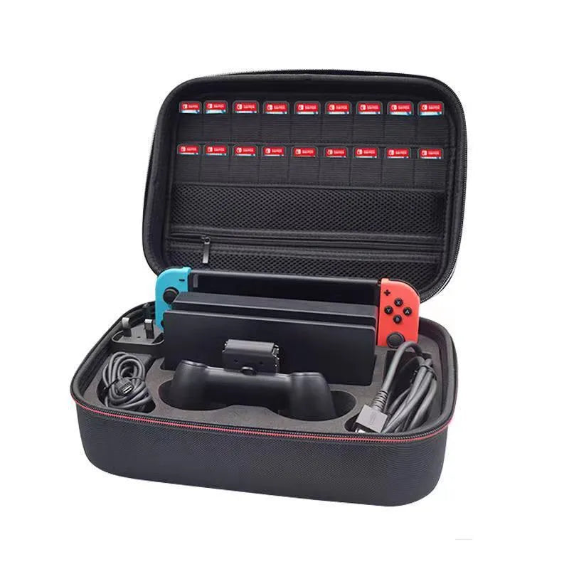 Black rigid EVA game console accessory storage box organiser bag with printed finish.