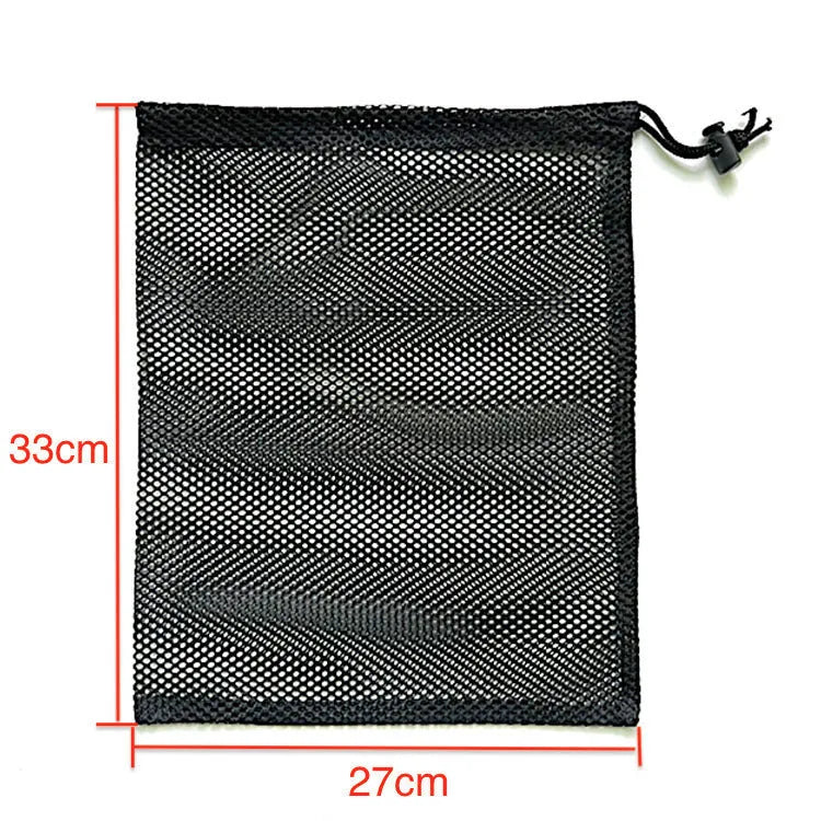 Black mesh drawstring storage bag for water balloons, shown in three available sizes.