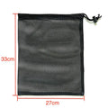 Black mesh drawstring storage bag for water balloons, shown in three available sizes.