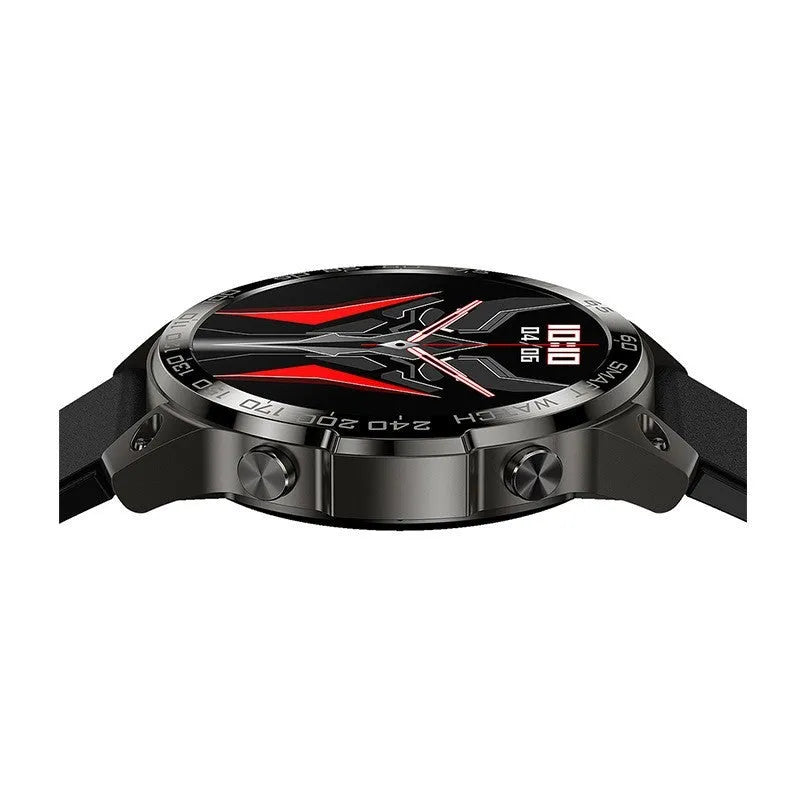Round AMOLED sports watch with silicone strap showing Bluetooth calling and health tracking features