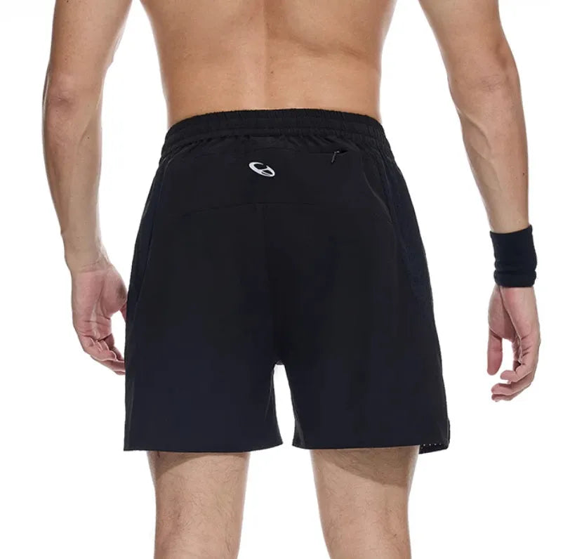 Men's black running shorts with four-sided stretch fabric and laser stitching detail