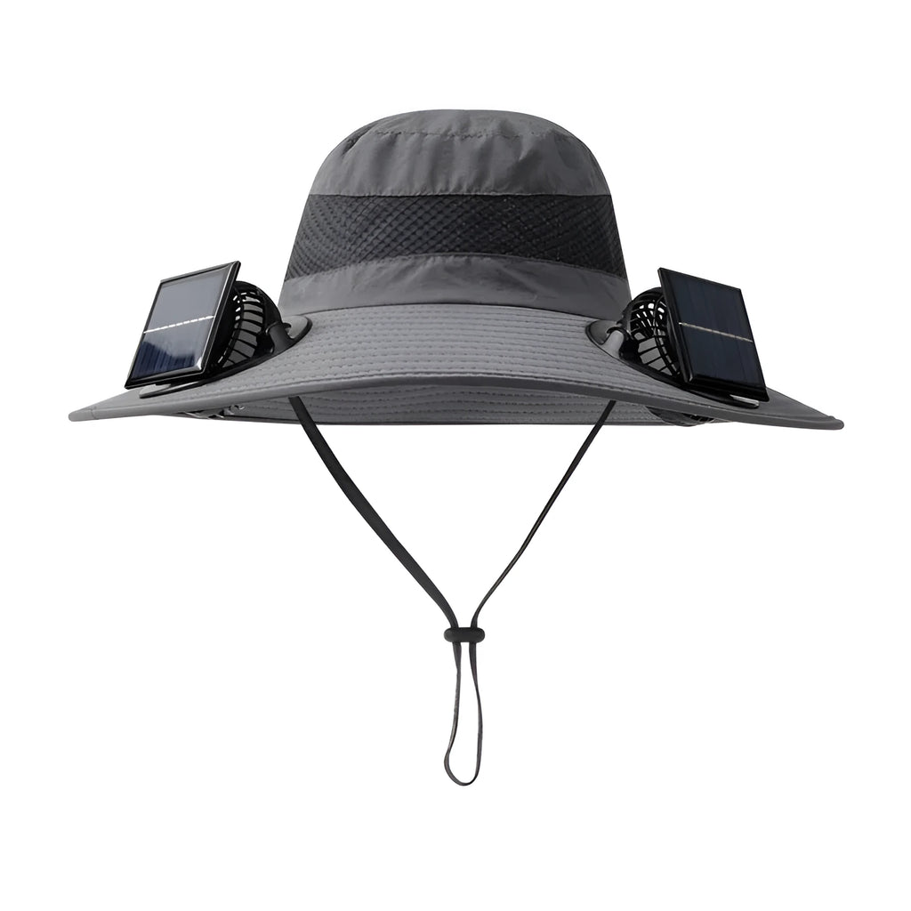 Solar-powered fisherman style hat with built-in fan, shown in multiple colour options.