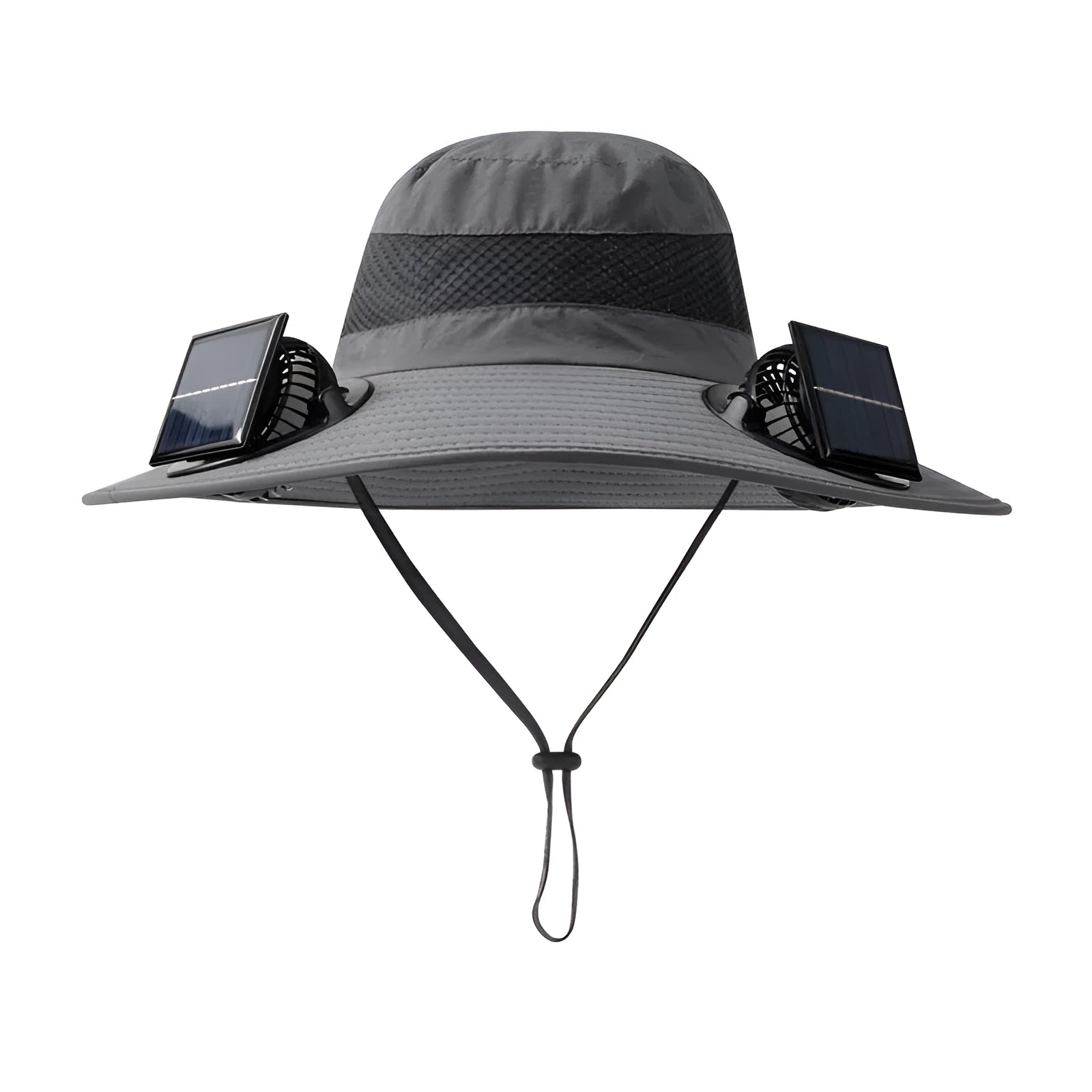 Solar-powered fisherman style hat with built-in fan, shown in multiple colour options.
