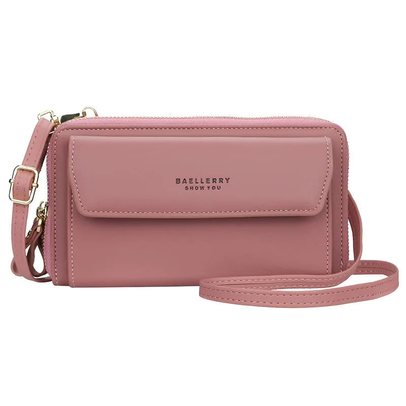 Red PU leather ladies long wallet with double zipper and diagonal strap shown open