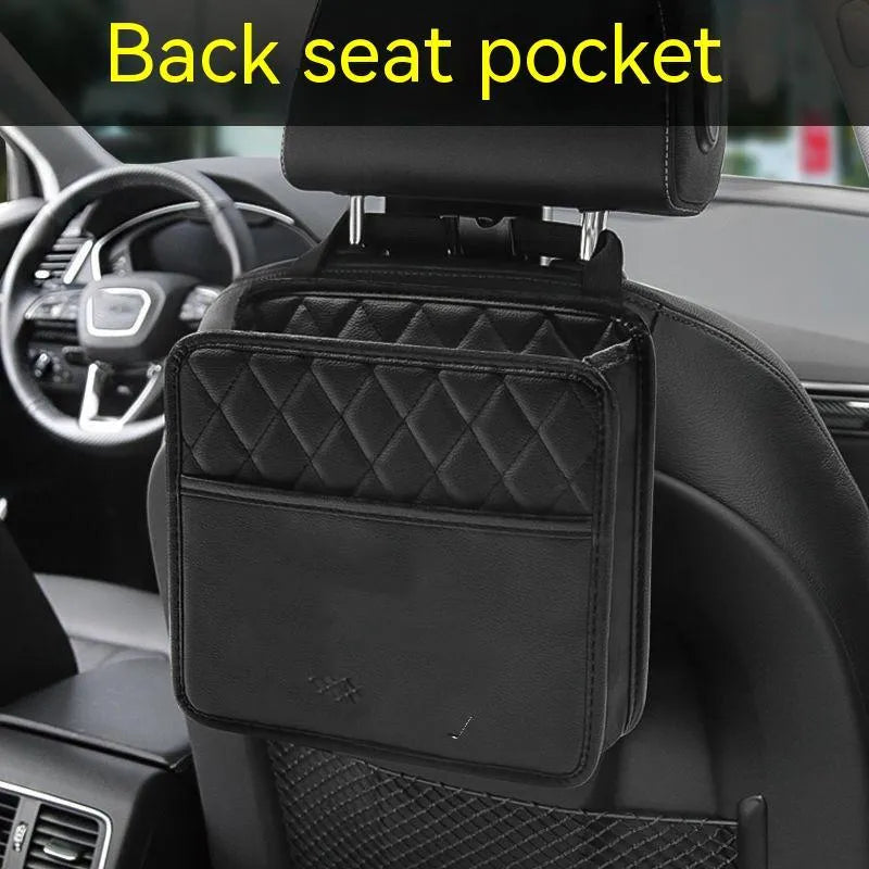 Leather hanging storage bag for car interior in black, pink, green, or white