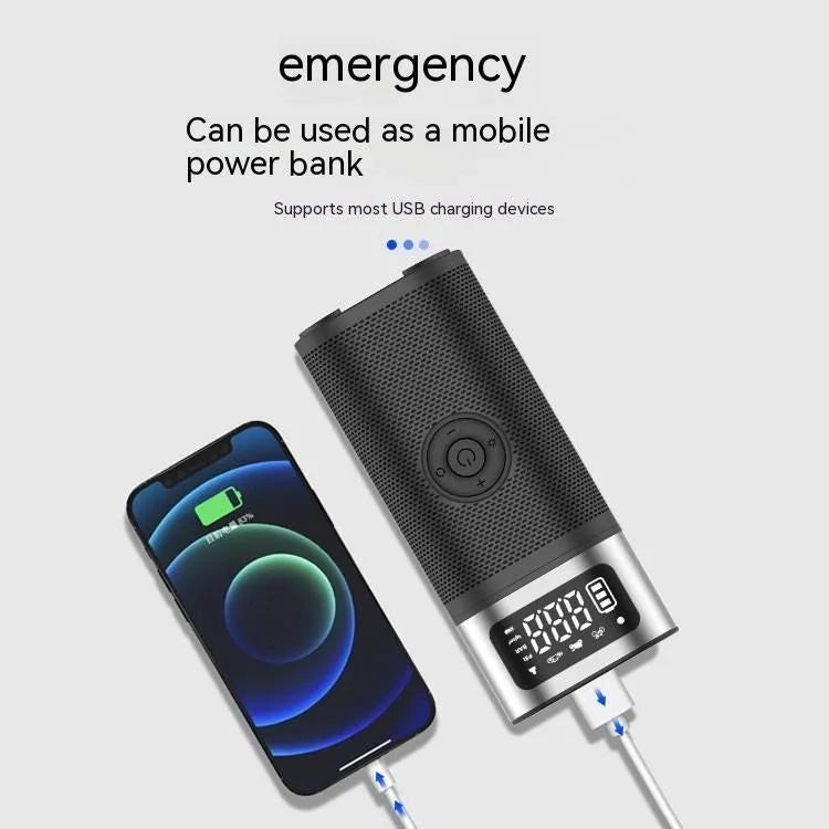 Black portable wireless car air pump with USB charging cable, 15cm tube and multiple nozzles for bicycles, balls and swimming rings