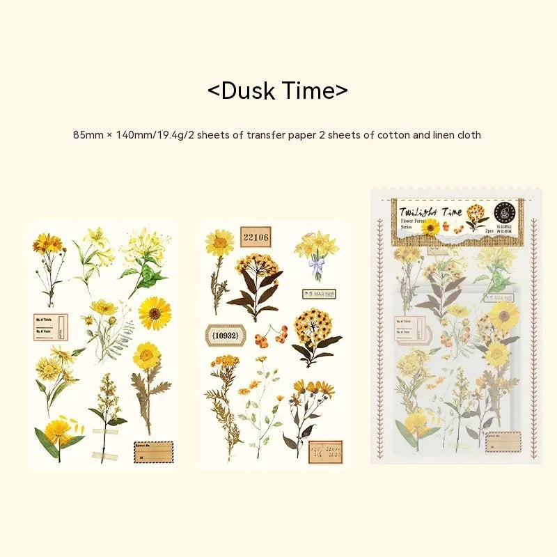 Huazhisen Series forest label transfer sticker pack showing six literary art designs on paper sheets