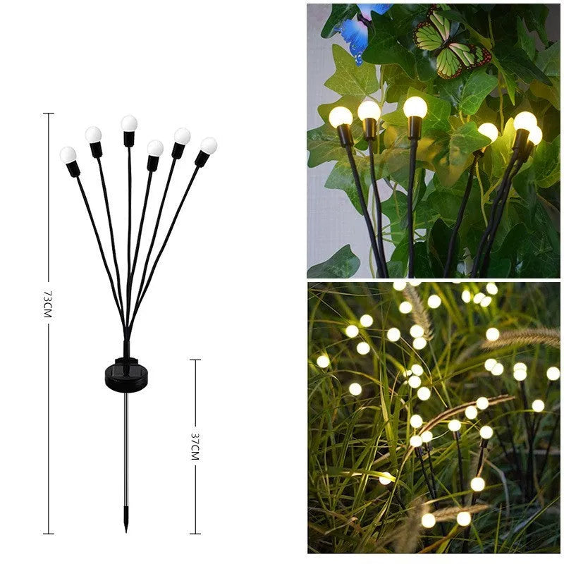 Solar-powered LED firefly ground lights with stainless steel stake for garden installation