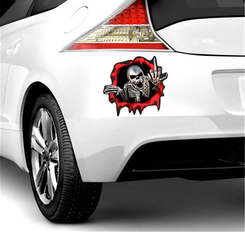 Reflective metal skull car bumper sticker with colourful broken shell design, 15cm x 14cm
