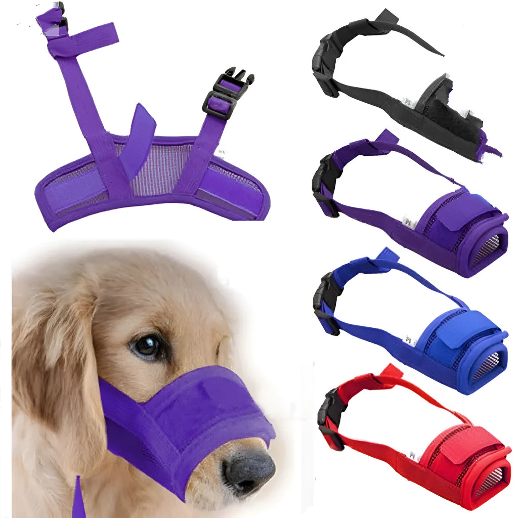 Adjustable plastic dog safety muzzle shown in multiple colours and sizes for biting and barking control.