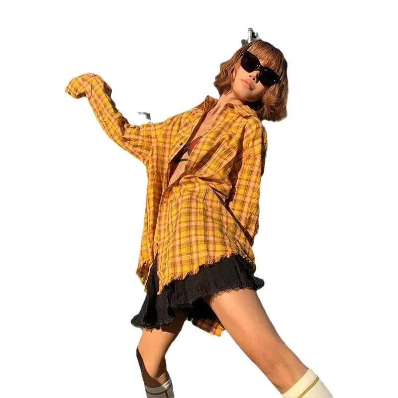 A loose-fitting dopamine yellow and black plaid cardigan-style shirt for men and women.