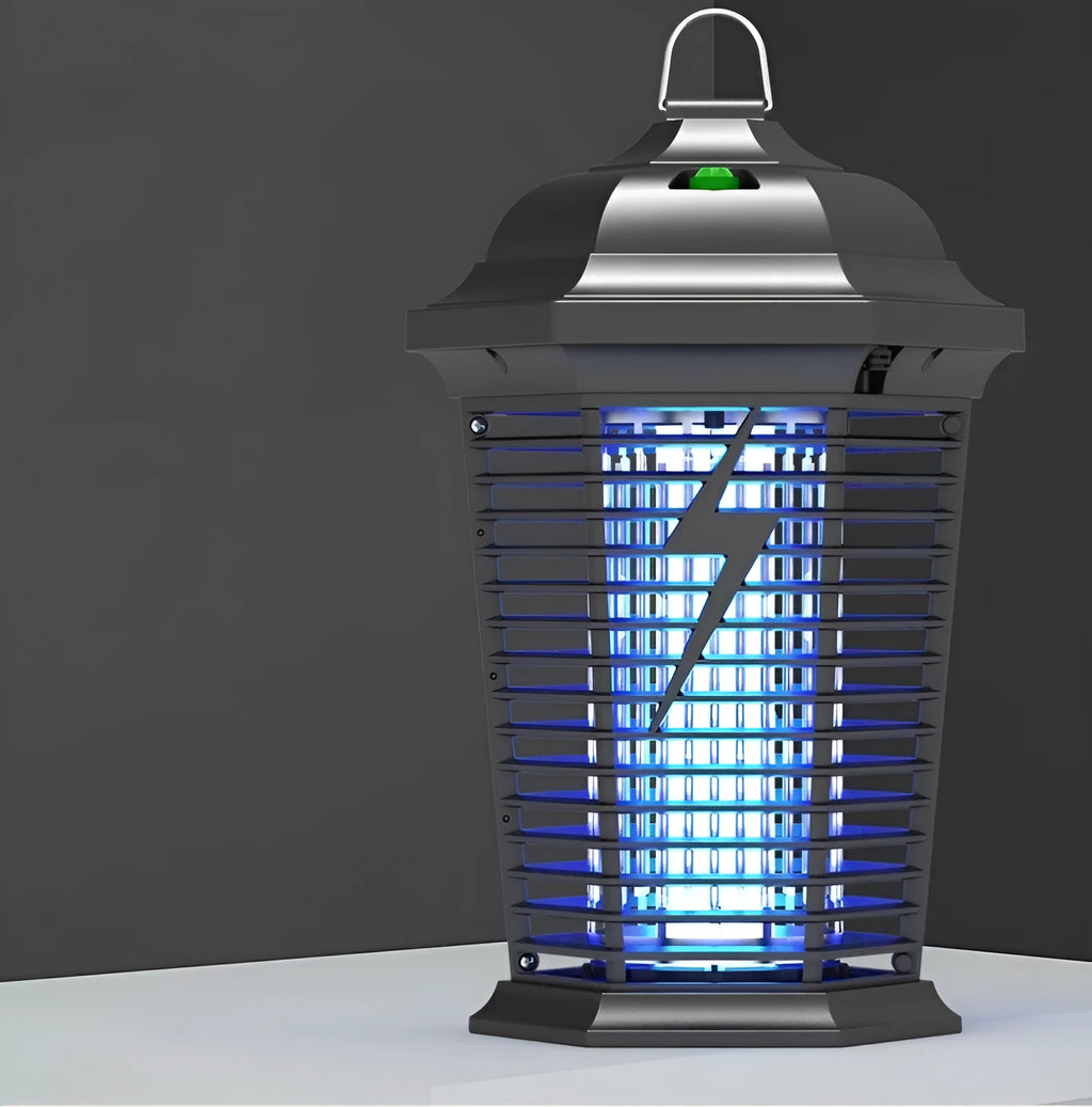 Black outdoor UV mosquito catcher with electric shock grid for garden and patio use