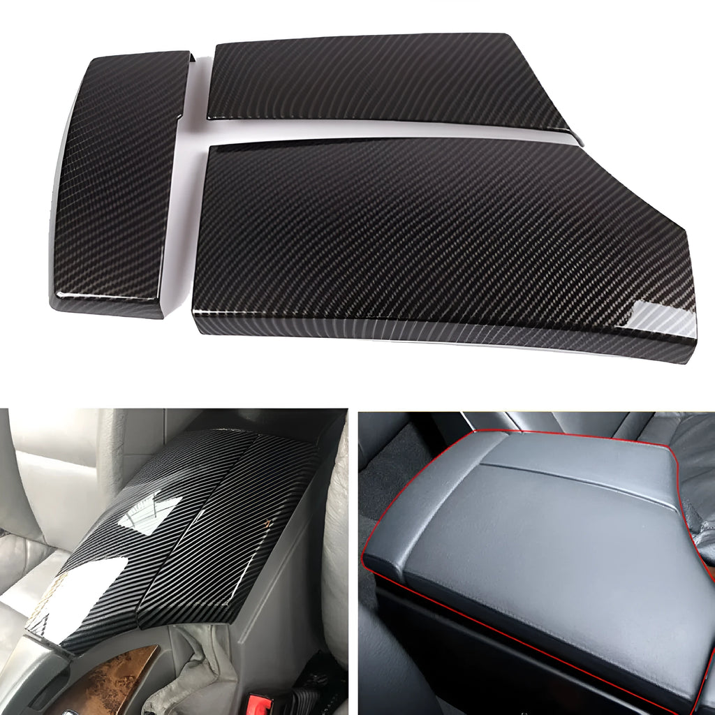 Set of three black ABS plastic armrest box covers with a shiny diagonal carbon fibre weave pattern.