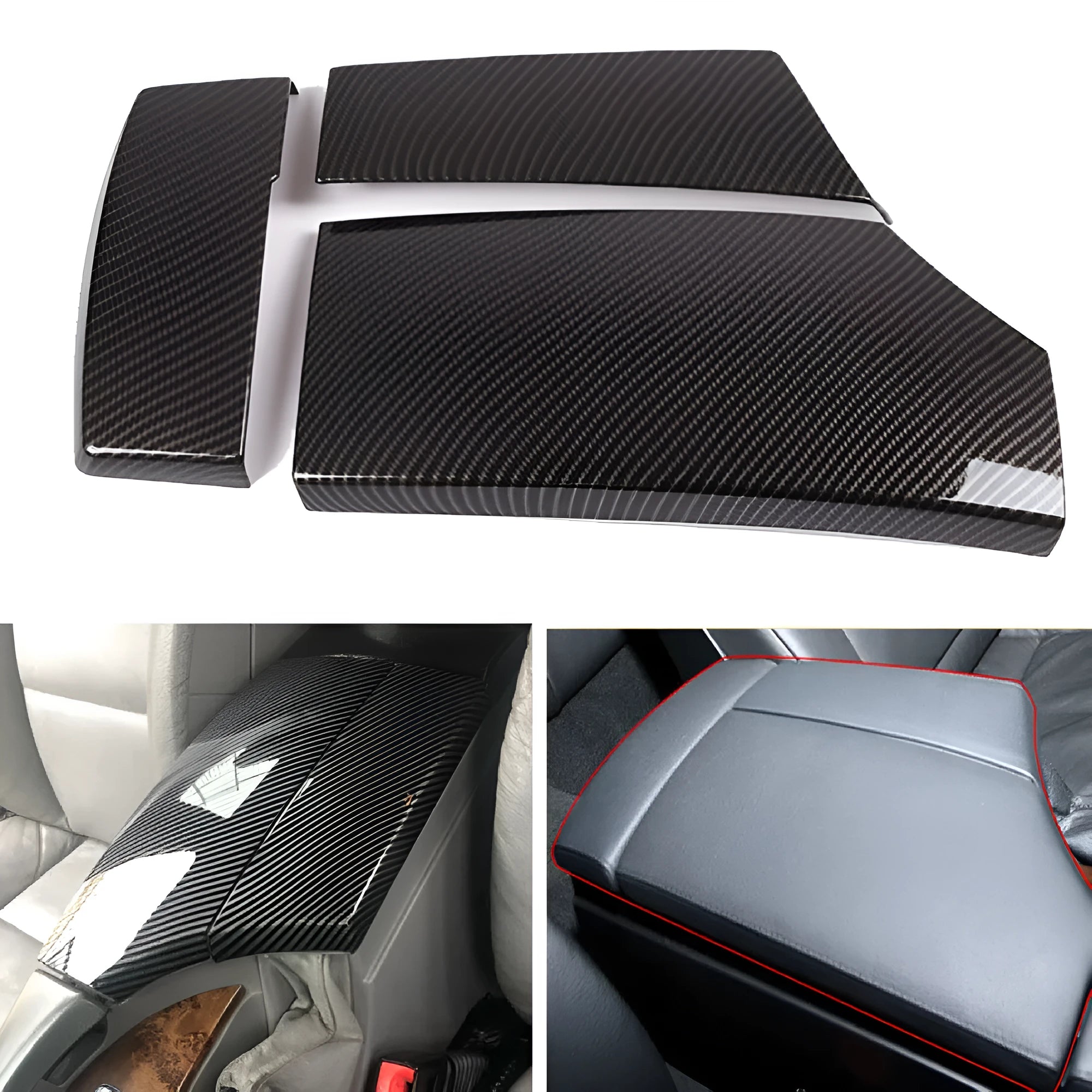Set of three black ABS plastic armrest box covers with a shiny diagonal carbon fibre weave pattern.