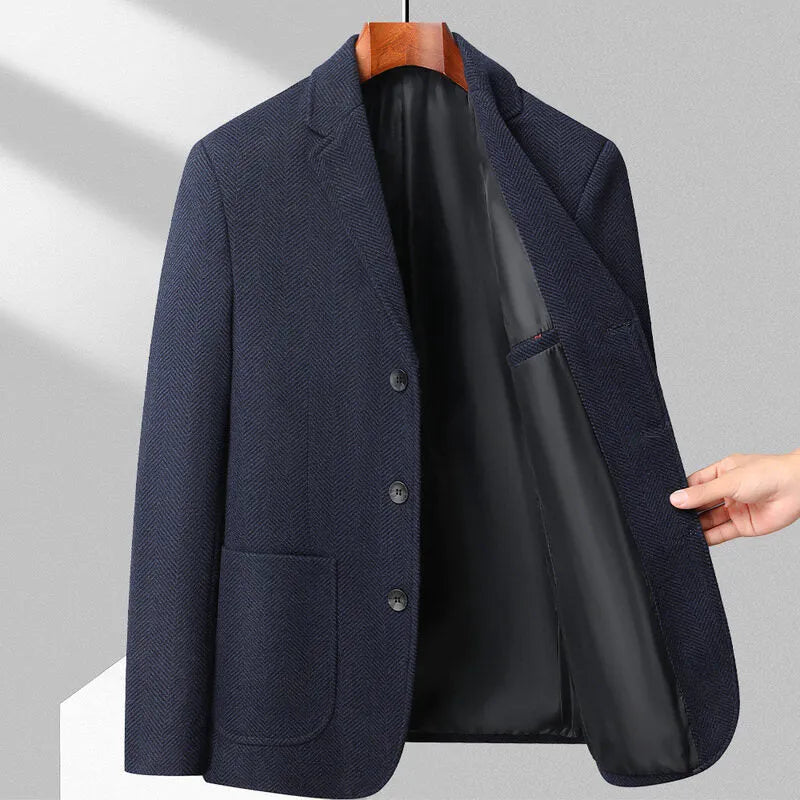 Men's loose fit polyester coat in black colour showing simple solid design for casual wear