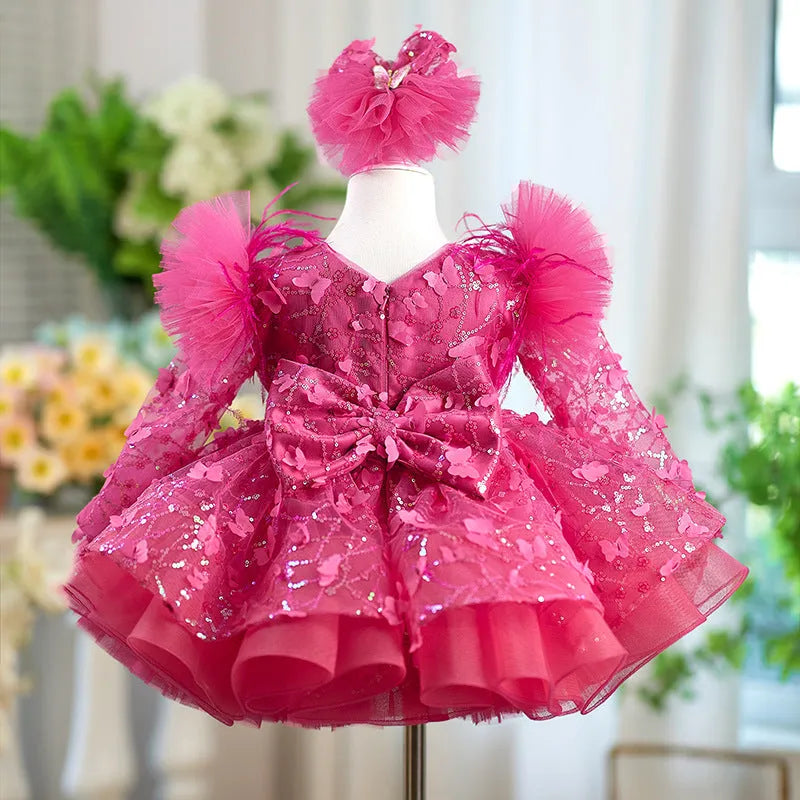 Rose red butterfly sequined long sleeve princess dress for girls suitable height 80-160cm with trailing skirt option