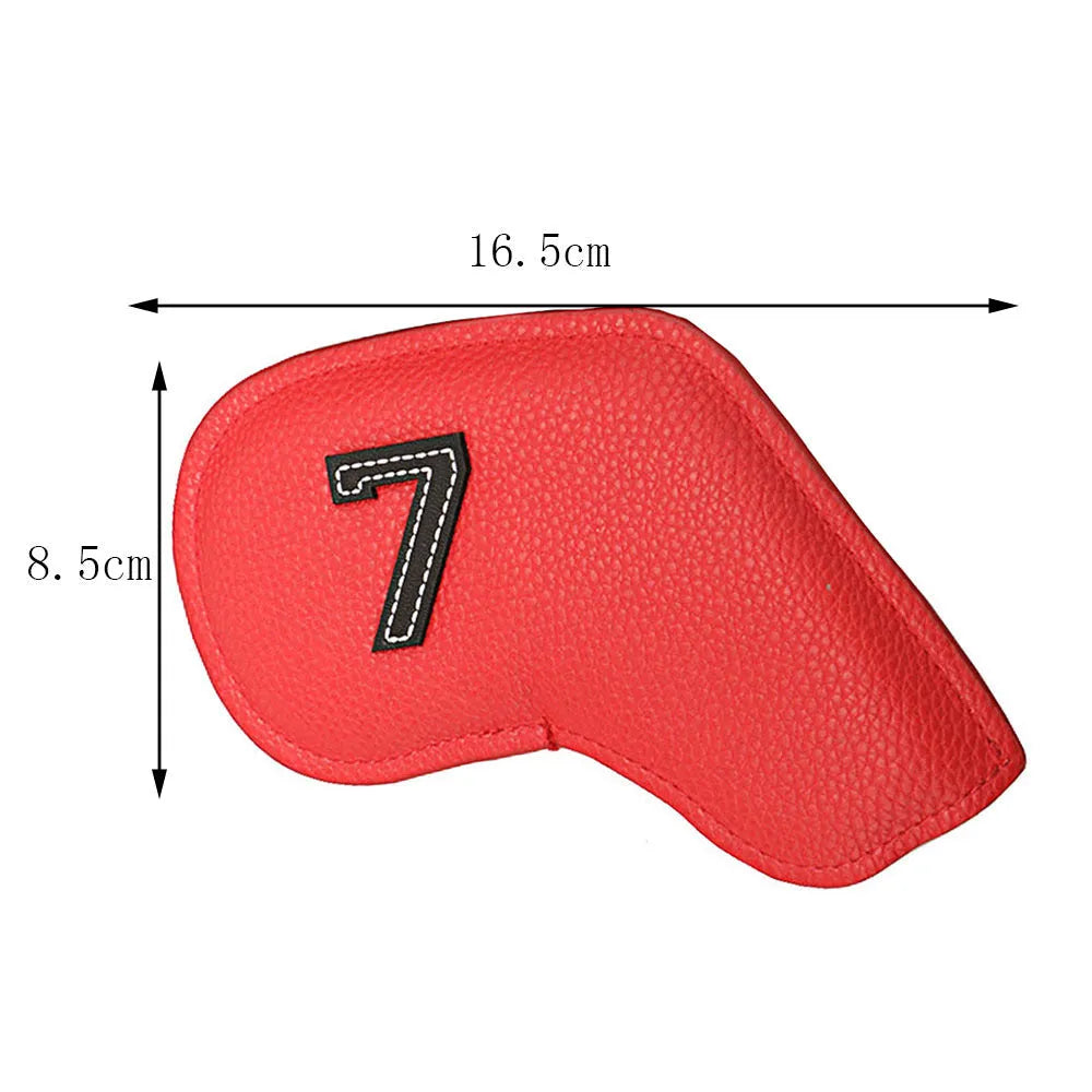 Set of 10 assorted digitally printed PU golf club head covers on a golf bag.