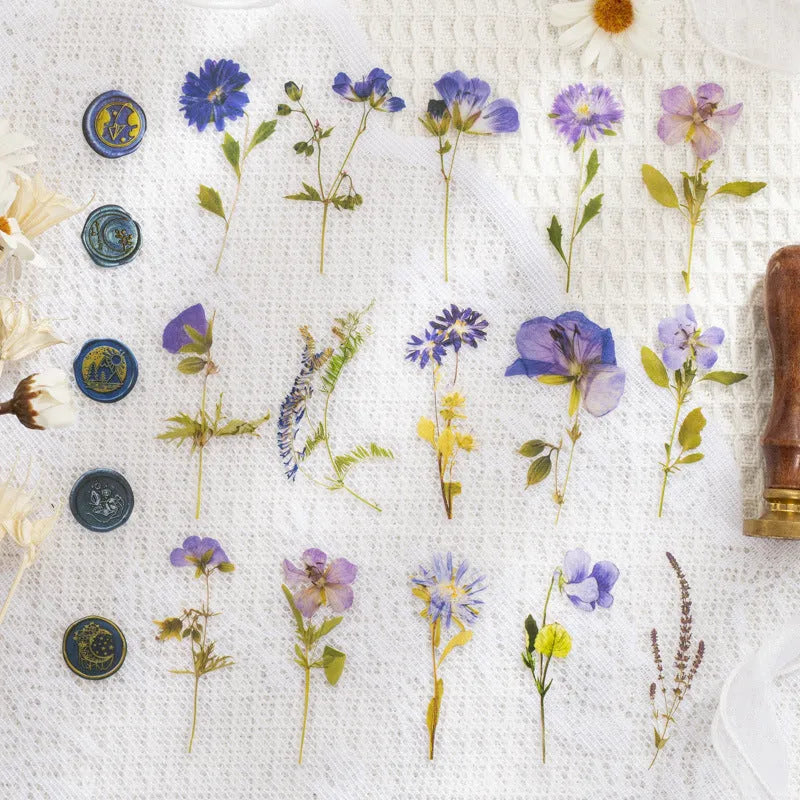 Dried flowers journal decoration stickers in eight colour themes including Dark Night Purple and leaf specimen designs