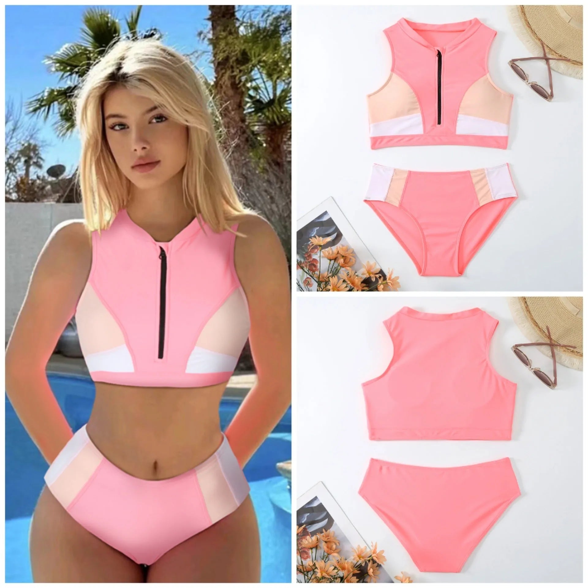 Pink high waist bikini swimsuit with side splits and briefs style on a mannequin