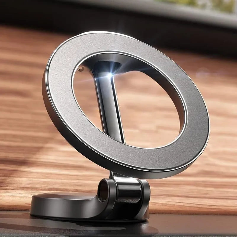 All-metal foldable magnetic car phone mount in Qian colour on vehicle dashboard