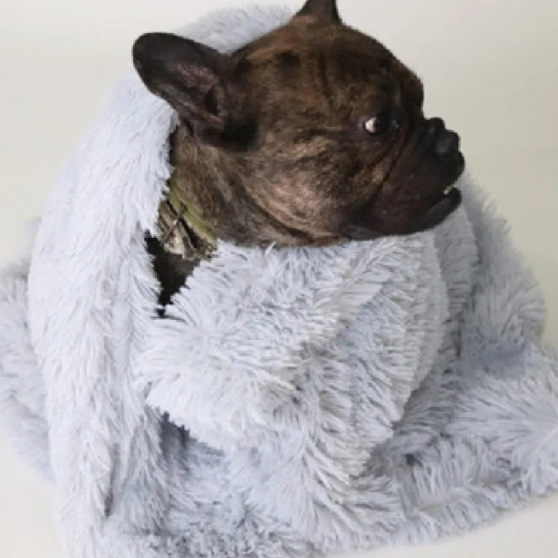 Soft grey plush pet blanket for dogs shown on a floor next to a kennel.