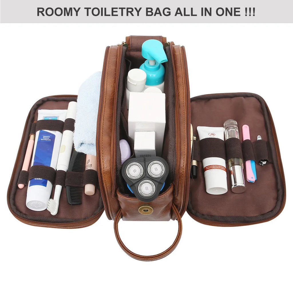 Men's black and brown solid colour PU toiletry bag with a zipped closure