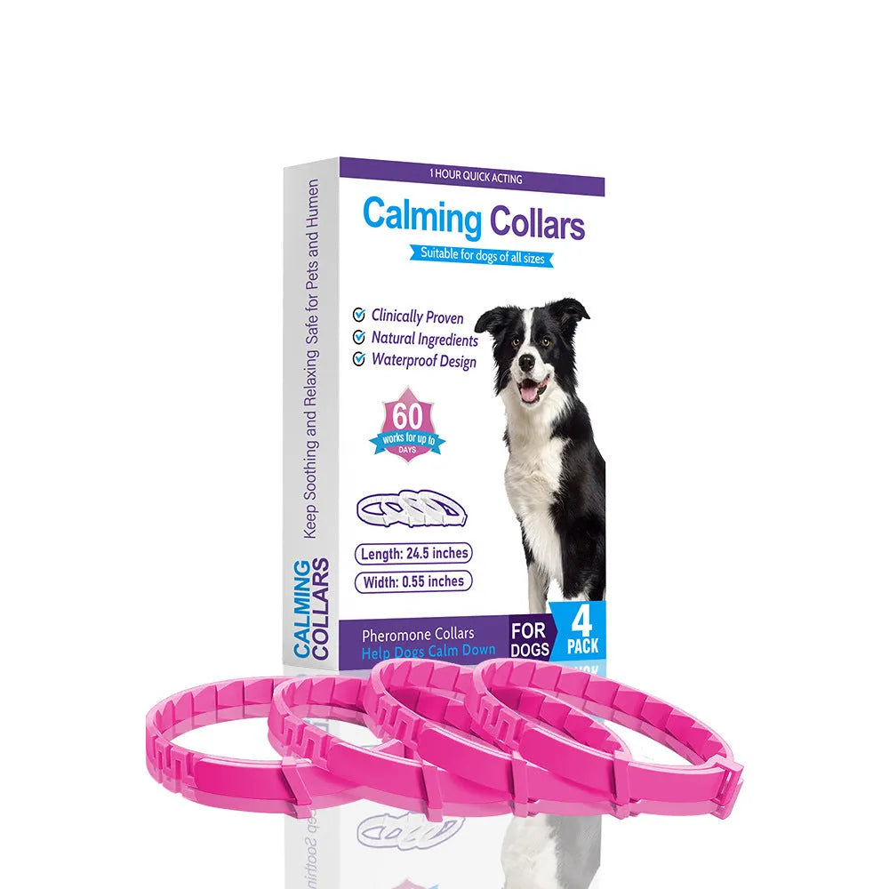 Four dog anxiety relief collars in different colours with Chinese-style patterns and adjustable clasps