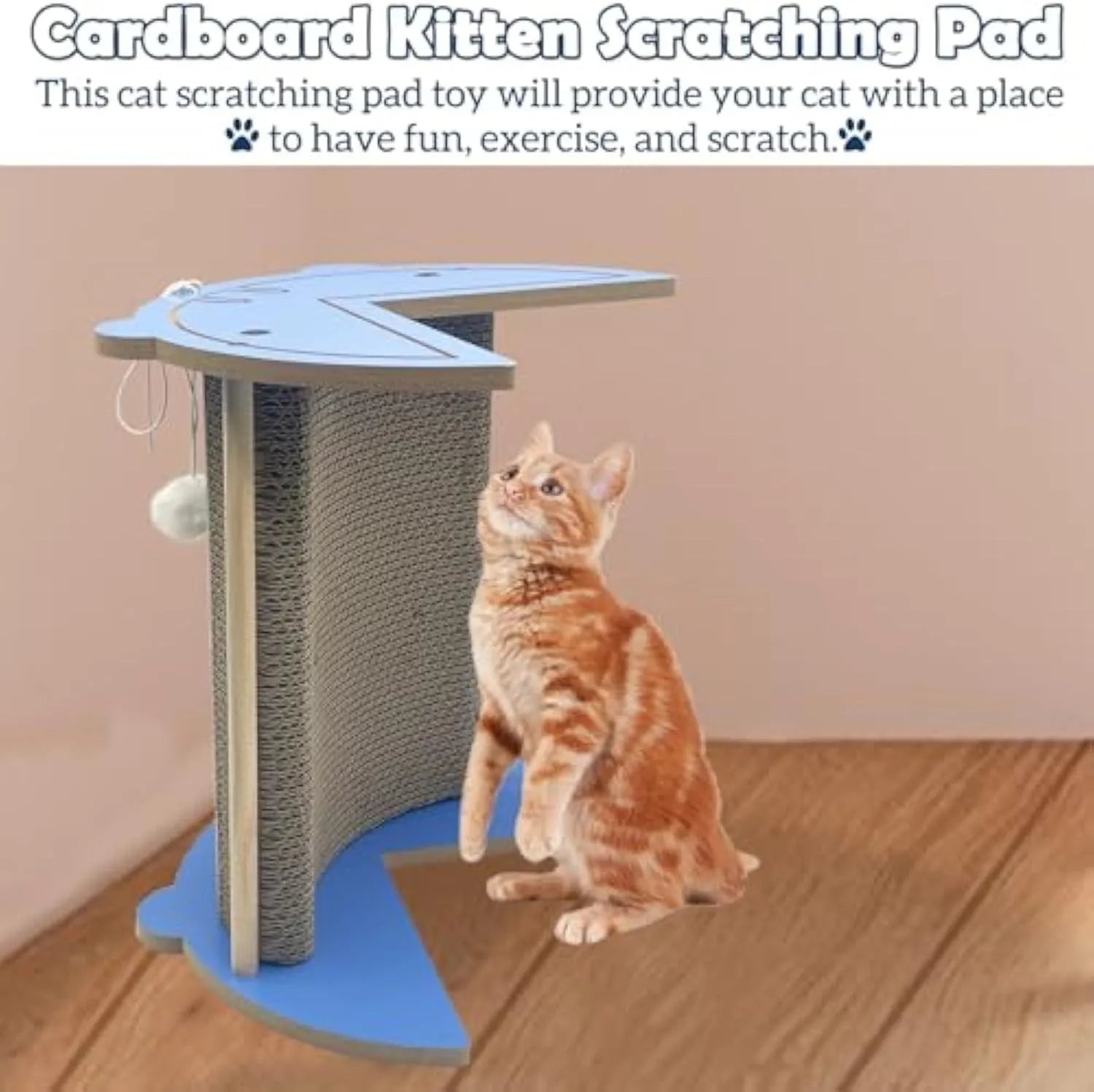 Grey cardboard cat corner scratching post with hanging yellow ball in a room corner.