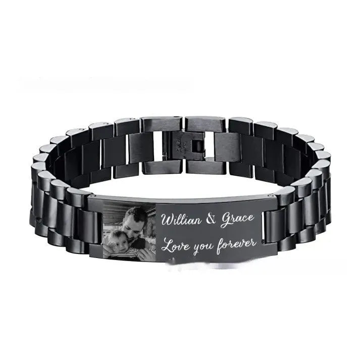 Stainless steel lettering bracelet with titanium steel heart-shaped curved piece in black or grey electroplated finish