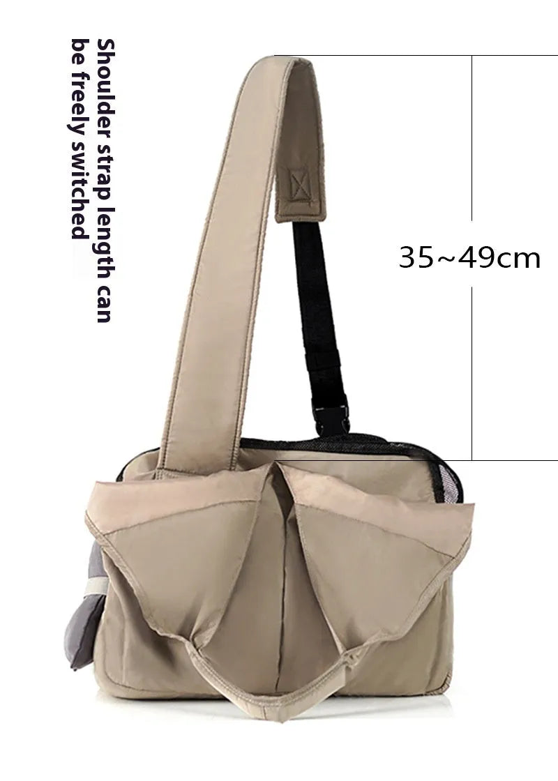 Apricot colour cloth pet carrier handbag with dimensions 41 cm long by 16 cm wide by 28 cm high