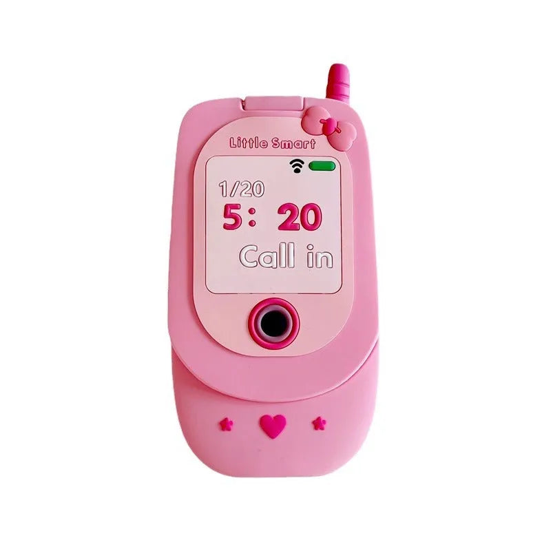Light pink silicone flip phone shape case with mirror for iPhone, showing cute cartoon style.