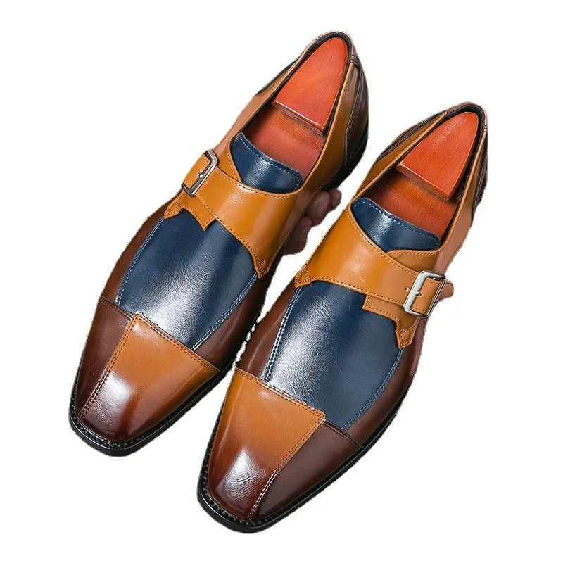 Men's brown blue British retro buckle casual shoes with tall crown microfiber upper