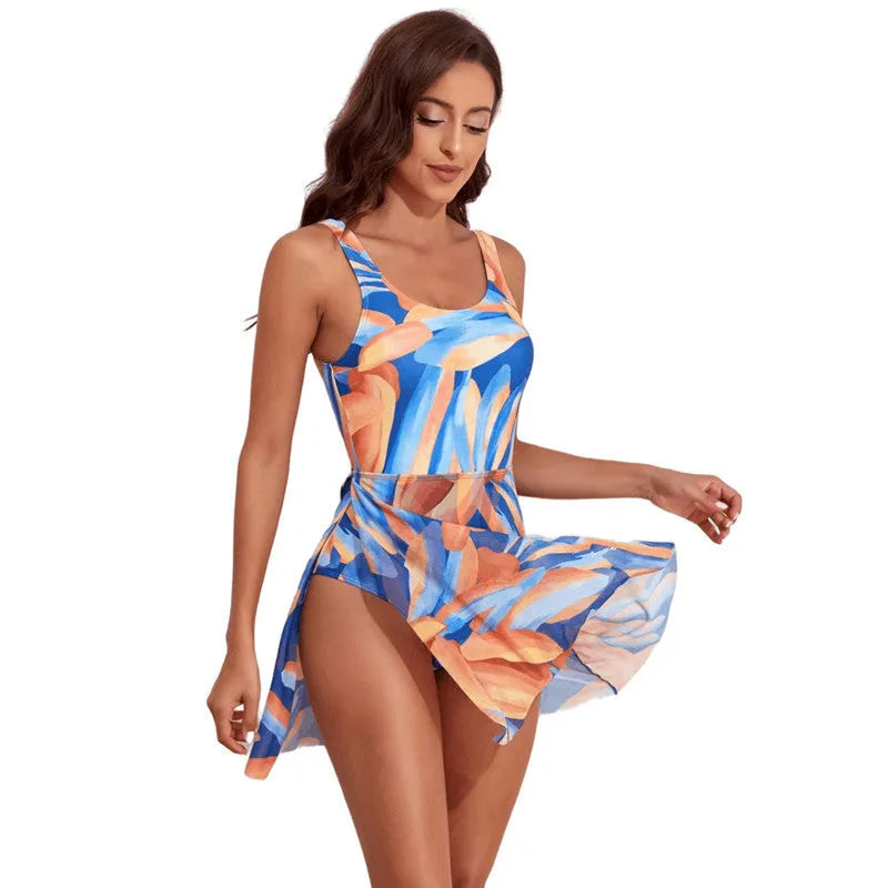 Women's single-shoulder floral swimsuit with digital printing and slim waist design