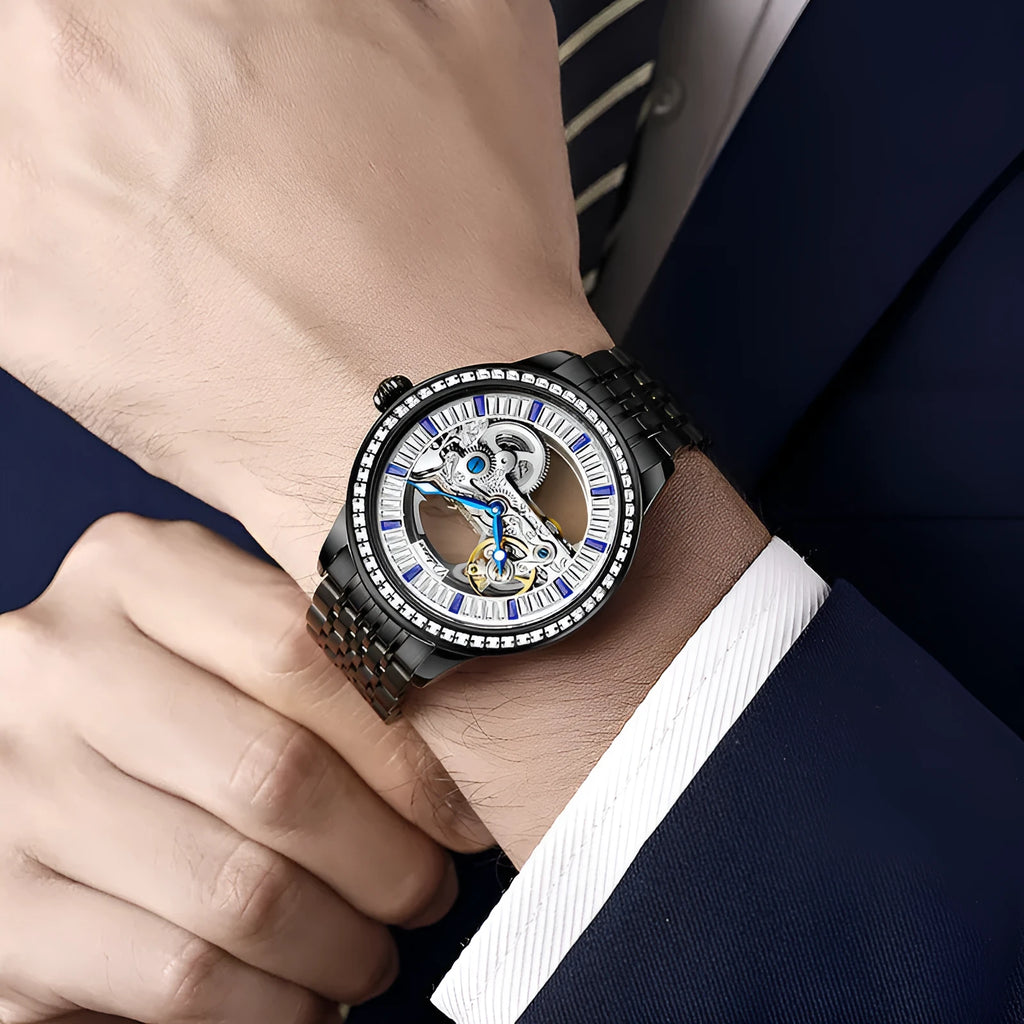 Men's luxury zircon mechanical watch with mineral glass and stainless steel butterfly clasp