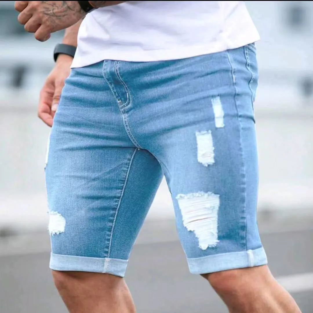 Men's sky blue denim shorts with distressed holes and straight leg cut