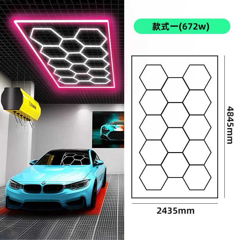 Garage hex mechanic station honeycomb work light with PC housing, strip shape, and blue frame
