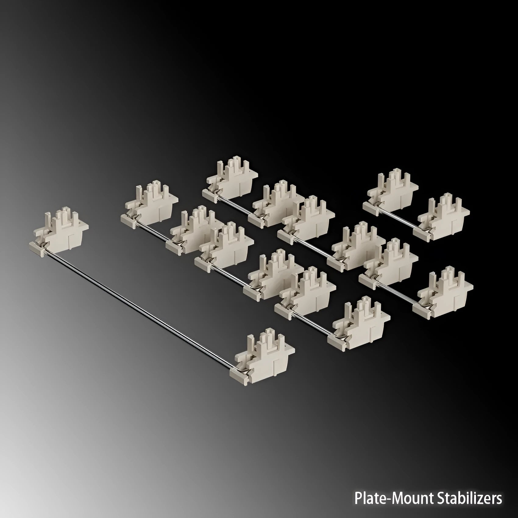 Keyboard stabiliser accessories set in black and milky white with 6.25U and 7U size options