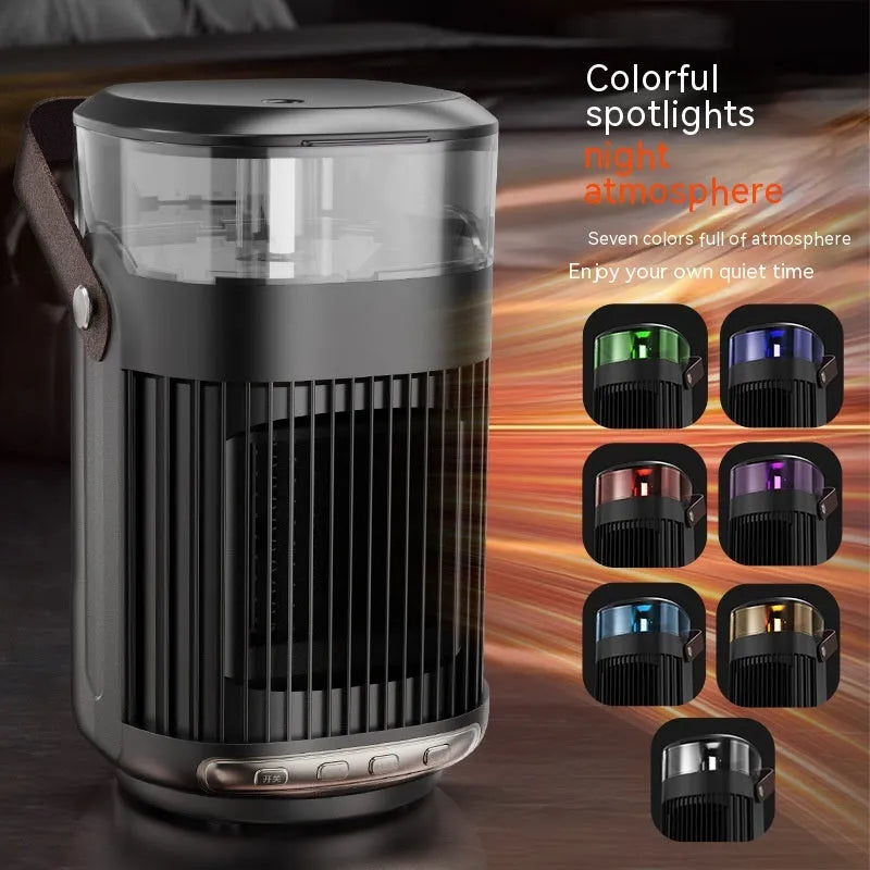 Black portable personal heater with humidifier showing front control panel and compact design