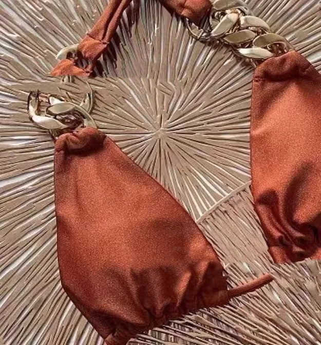 Brown women's tube-top bikini swimsuit with ring-tether detailing and push-up design