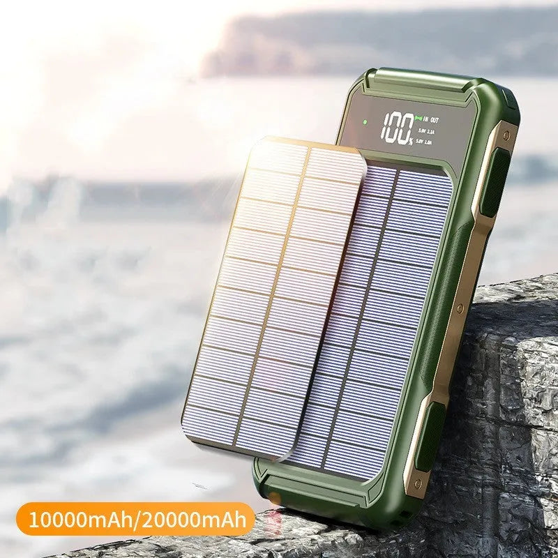 Black, green, and orange military-grade portable power bank showing USB ports, 10000mAh and 20000mAh capacity options